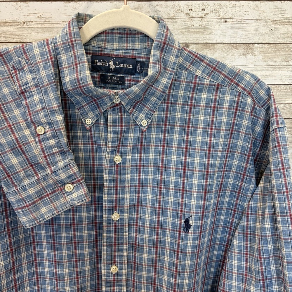 Vintage Ralph Lauren Mens L Shirt Blake Button Down Blue & Red Plaid Long Sleeve